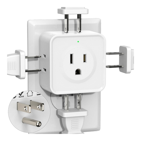 2 piece 5-way outlet splitter with foldable prongs and multiple plug directions. Outlet splitter connected with plugs on all sides showing full usage.
