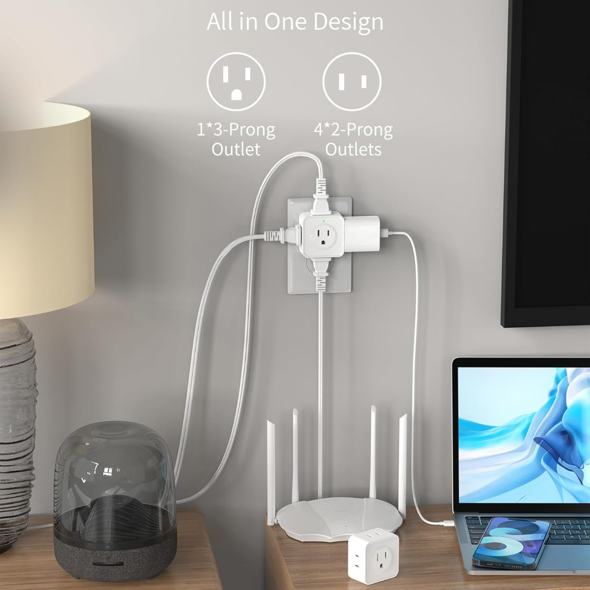 2 piece 5-way outlet splitter powering multiple devices from one wall outlet. Outlet splitter connected to router, laptop, and electronics.