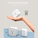 2 piece 5-way outlet splitter small travel size shown in hand for scale. Compact outlet splitter lightweight and easy to carry.