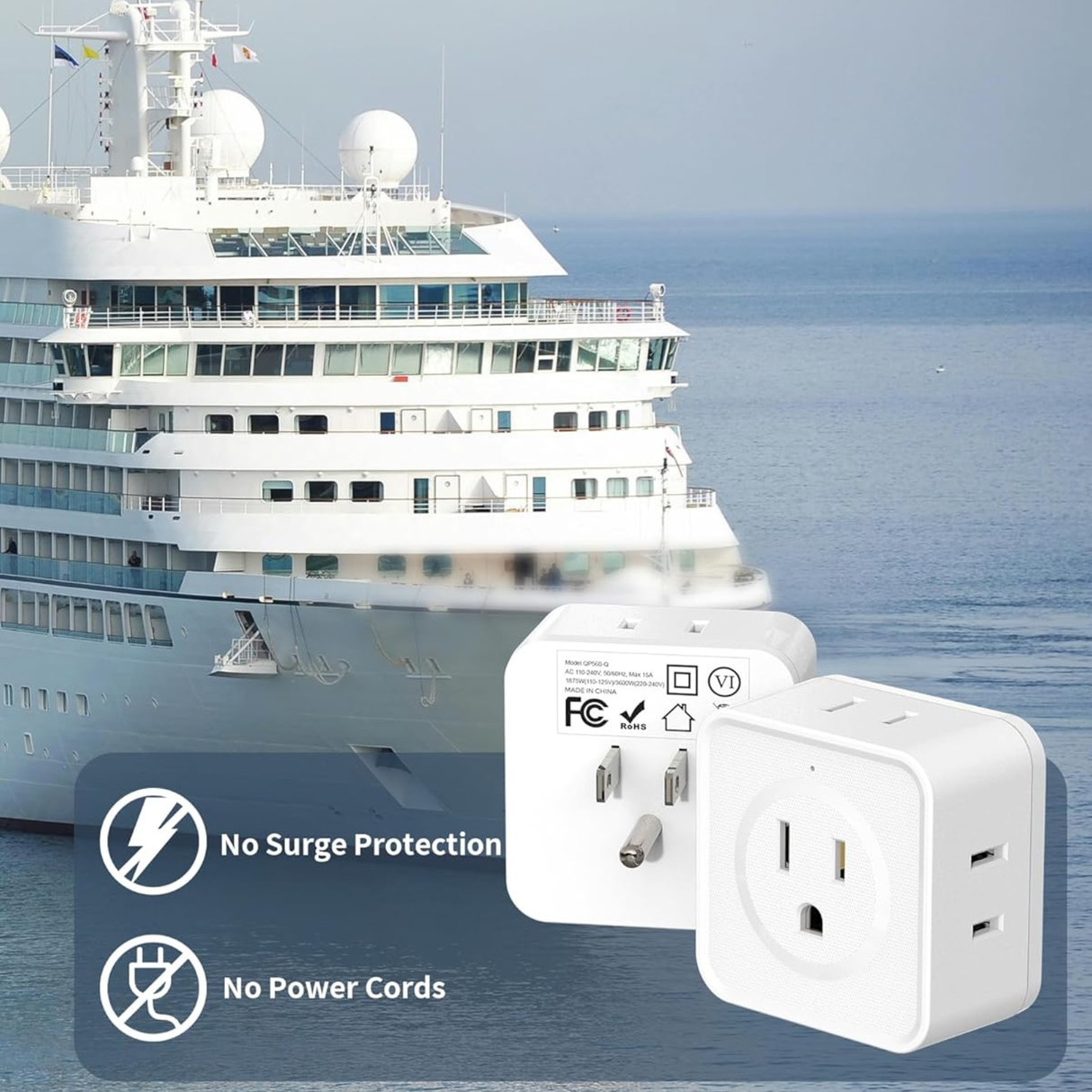 2 piece 5-way outlet splitter shown with travel scenario and safety icons. Outlet splitter designed without surge protection for cruise use.