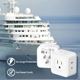 2 piece 5-way outlet splitter shown with travel scenario and safety icons. Outlet splitter designed without surge protection for cruise use.