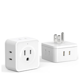 2 piece 5-way outlet splitter with multiple plug sides and compact cube design. White outlet splitter shown from front and side with built-in prongs
