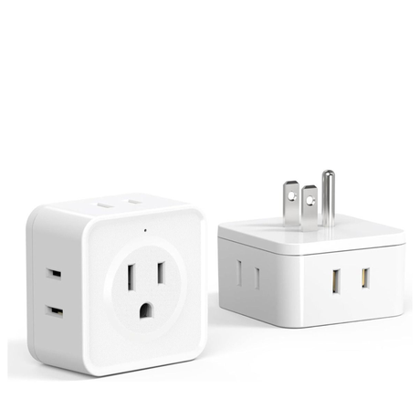2 piece 5-way outlet splitter with multiple plug sides and compact cube design. White outlet splitter shown from front and side with built-in prongs