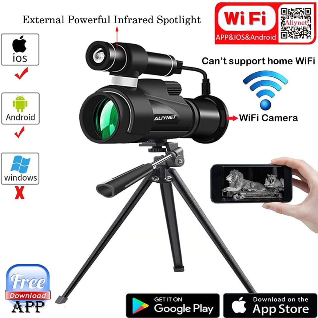 Aliynet Infrared Night Vision Monoculars with WiFi Wireless Connect with Smartphone Application,Night Vision Telescope with Big Tripod&Phone Adapter for Outdoor Trip,Camping Night Watching