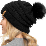 Women Knit Slouchy Beanie Hat Chunky Baggy Hat with Detachable Faux Fur Pompom