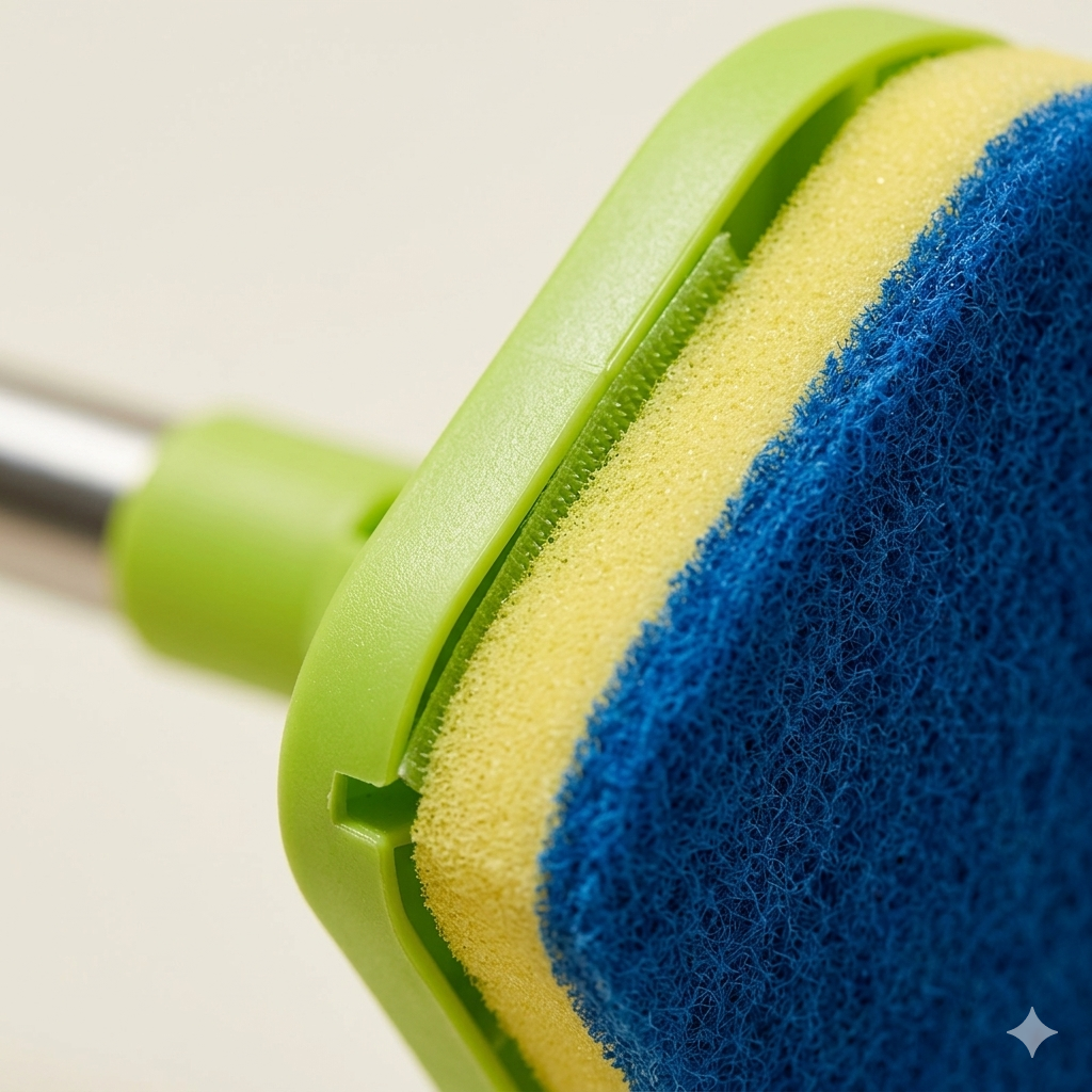 Close-up of scrub brush head showing sponge and bristle attachment detail