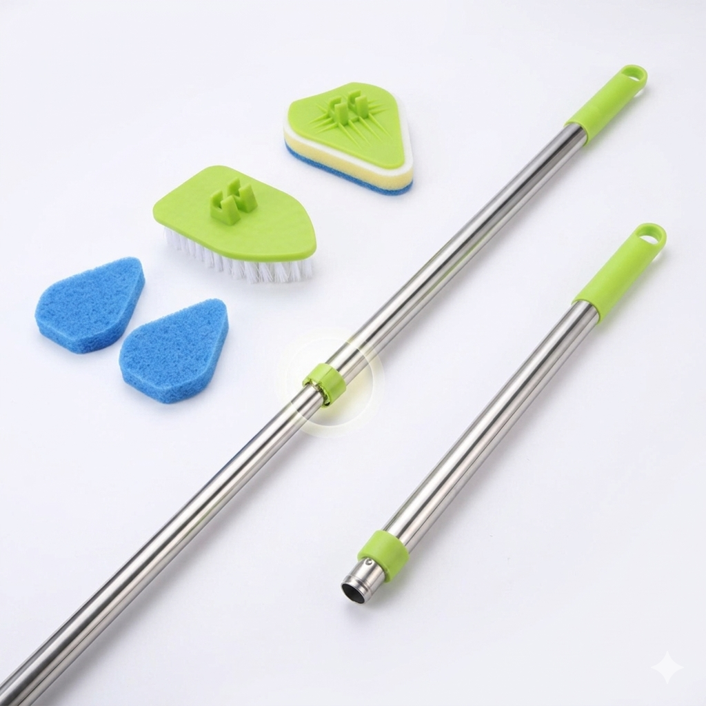 Cleaning brush set with interchangeable heads and extendable stainless steel handle