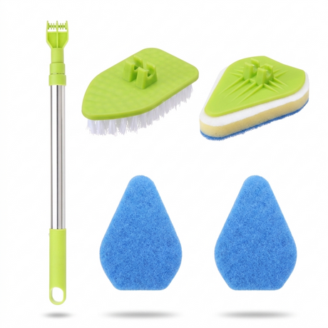 3-in-1 cleaning brush kit with sponge heads and scrubbing brush displayed together