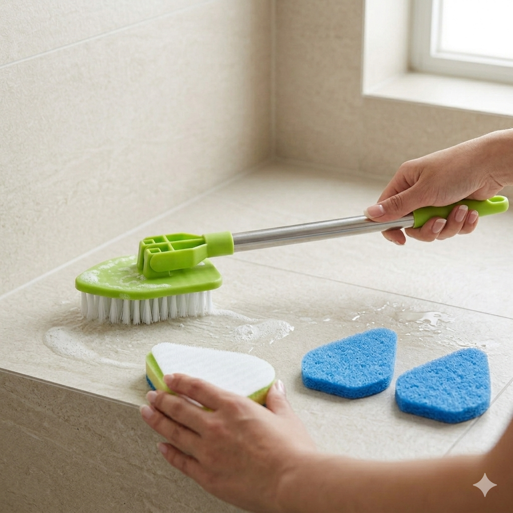 3-in-1 scrub cleaning brush with long handle used on bathroom tile surface
