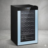 Black 34 bottle wine refrigerator with glass door and LED interior lighting