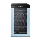 Compact wine refrigerator front view with double glass door and empty racks