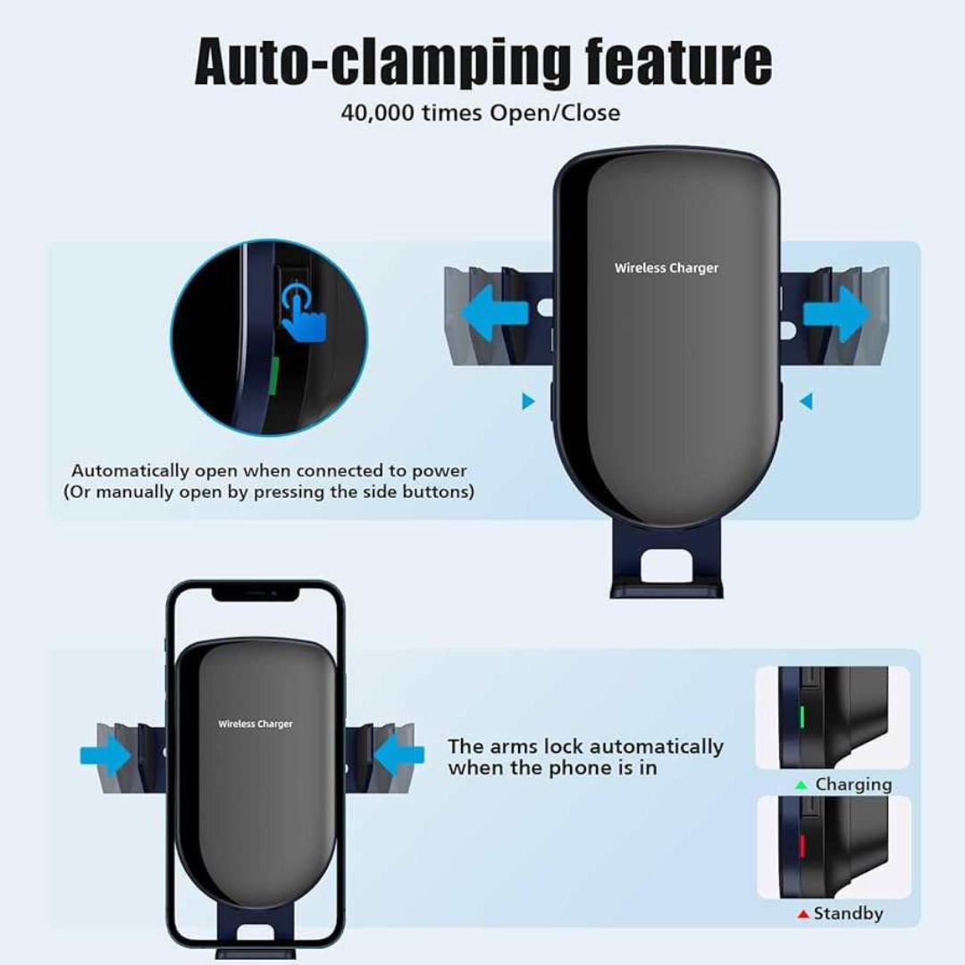 Wireless Car Charger, 15W Qi Fast Charging, Auto-Clamping Air Vent Car Phone Holder Mount Charger