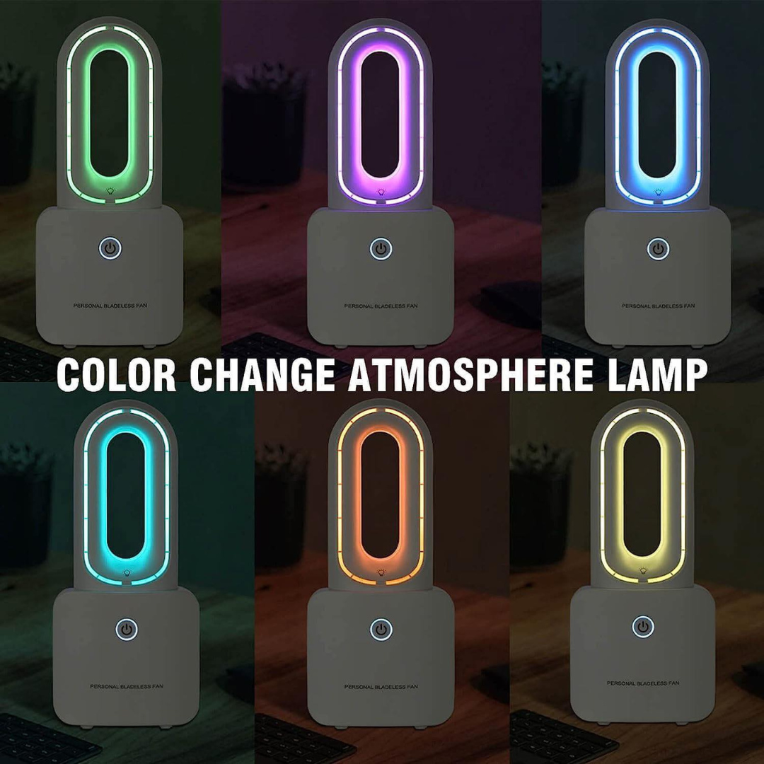 Portable Leafless Bladeless  Personal Cooling Fan with 6-Color LED Ambient Lights Rechargeable