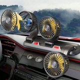 3 head car cooling fan mounted on dashboard providing strong airflow inside vehicle for improved ventilation.
