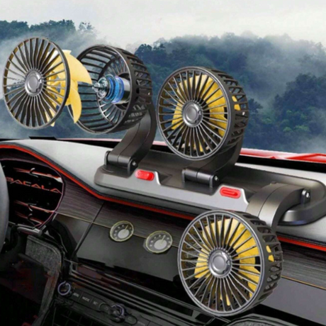 3 head car cooling fan mounted on dashboard providing strong airflow inside vehicle for improved ventilation.