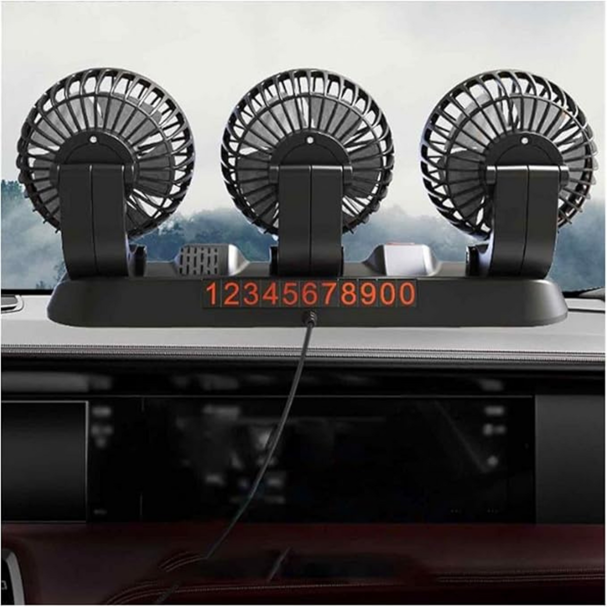 Back view of 3 head 360 car cooling fan showing adjustable rotation and flexible positioning for optimal air circulation.