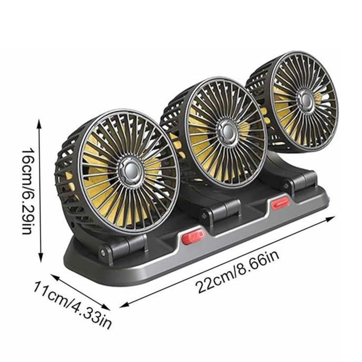 3 head 360 car cooling fan with compact design and dimensions, ideal for small spaces and easy installation in vehicles.
