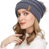 Women Knit Slouchy Beanie Hat Chunky Baggy Hat with Detachable Faux Fur Pompom