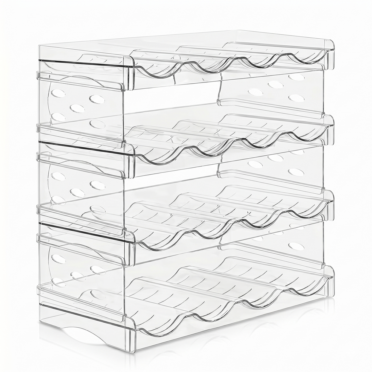 Angled view of 4-tier stackable wine bottle holder with transparent, modular storage tiers