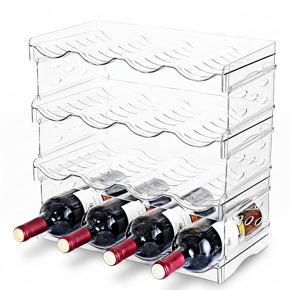 4-tier stackable wine bottle holder neatly organizing multiple bottles in compact stackable layers