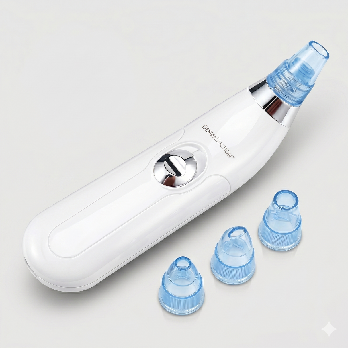Derma pore suction vacuum with four interchangeable heads on white background