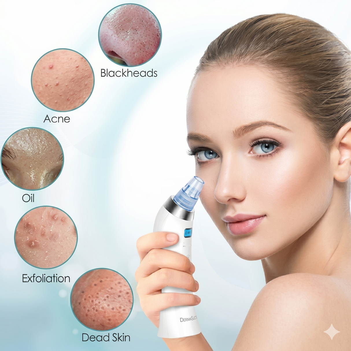 Woman using derma pore suction vacuum for blackhead removal on nose