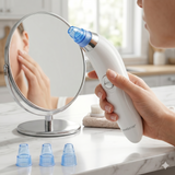 Hand holding derma pore suction vacuum near mirror with attachments on counter