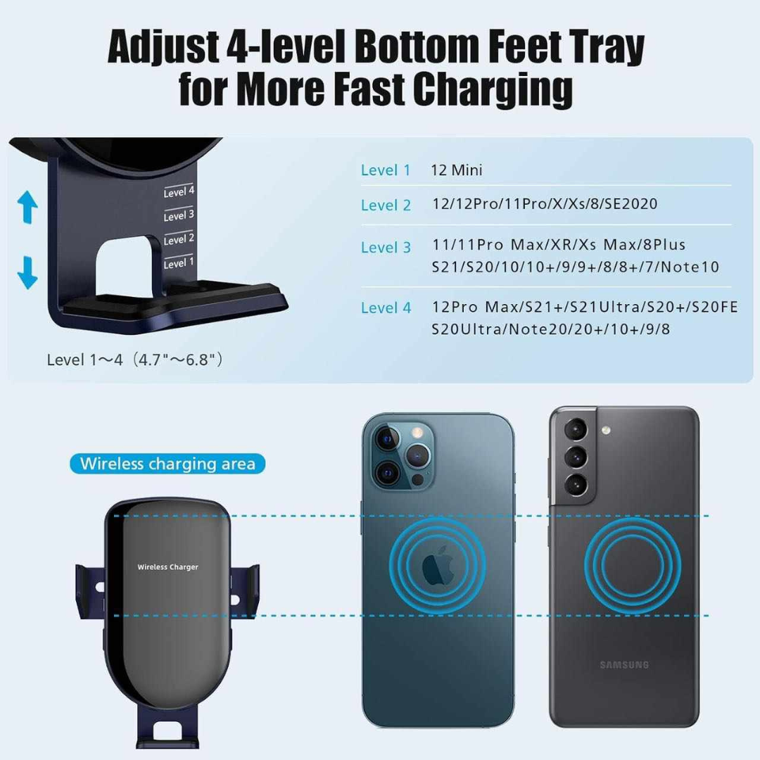 Wireless Car Charger, 15W Qi Fast Charging, Auto-Clamping Air Vent Car Phone Holder Mount Charger