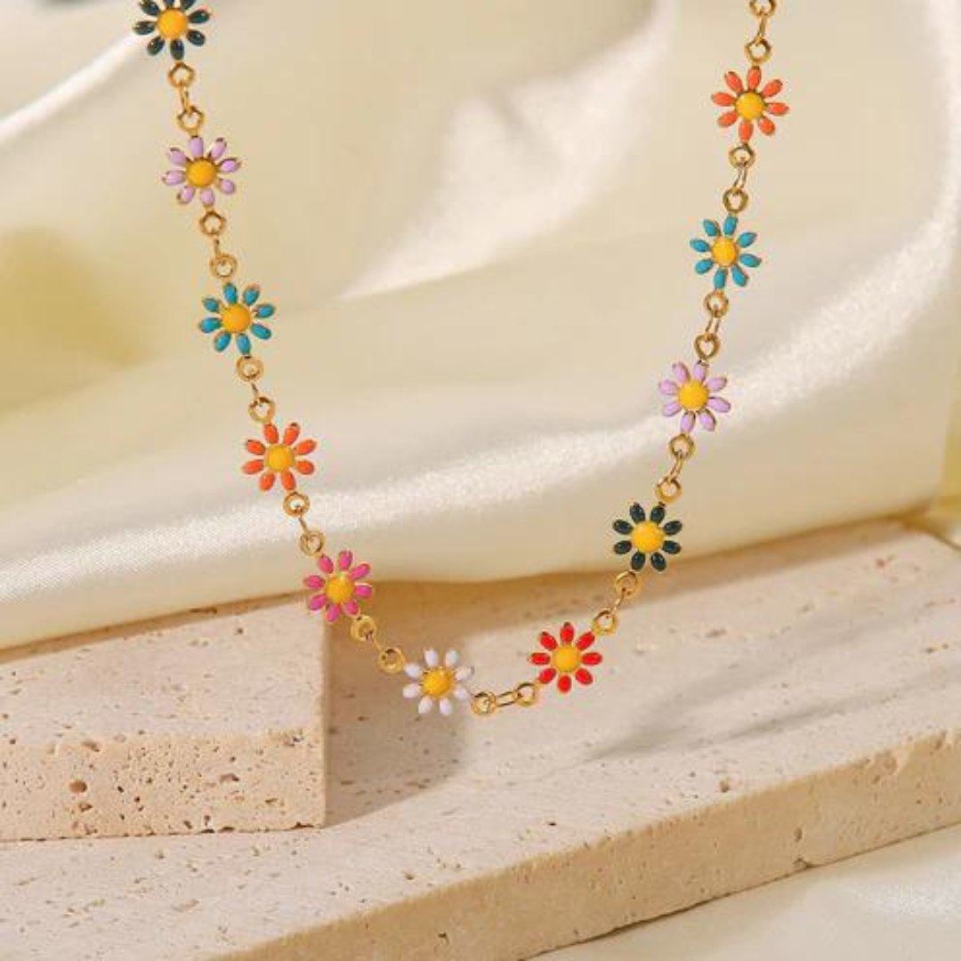18K Gold Charm Colorful Daisy Link Necklace Stainless Steel