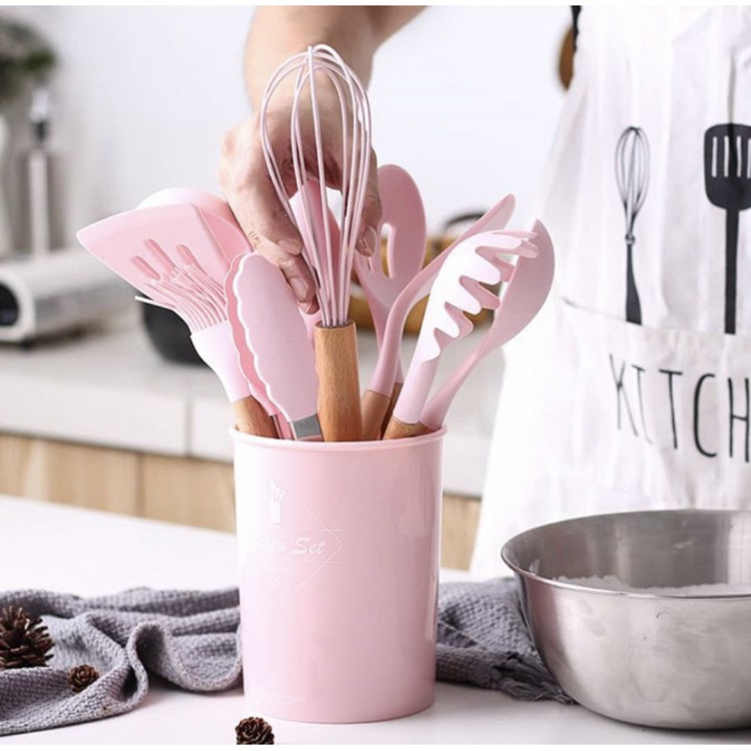 9pcs Silicone Kitchen Cooking Utensil Set Wooden Handle for Nonstick Cookware with Plastic Holder