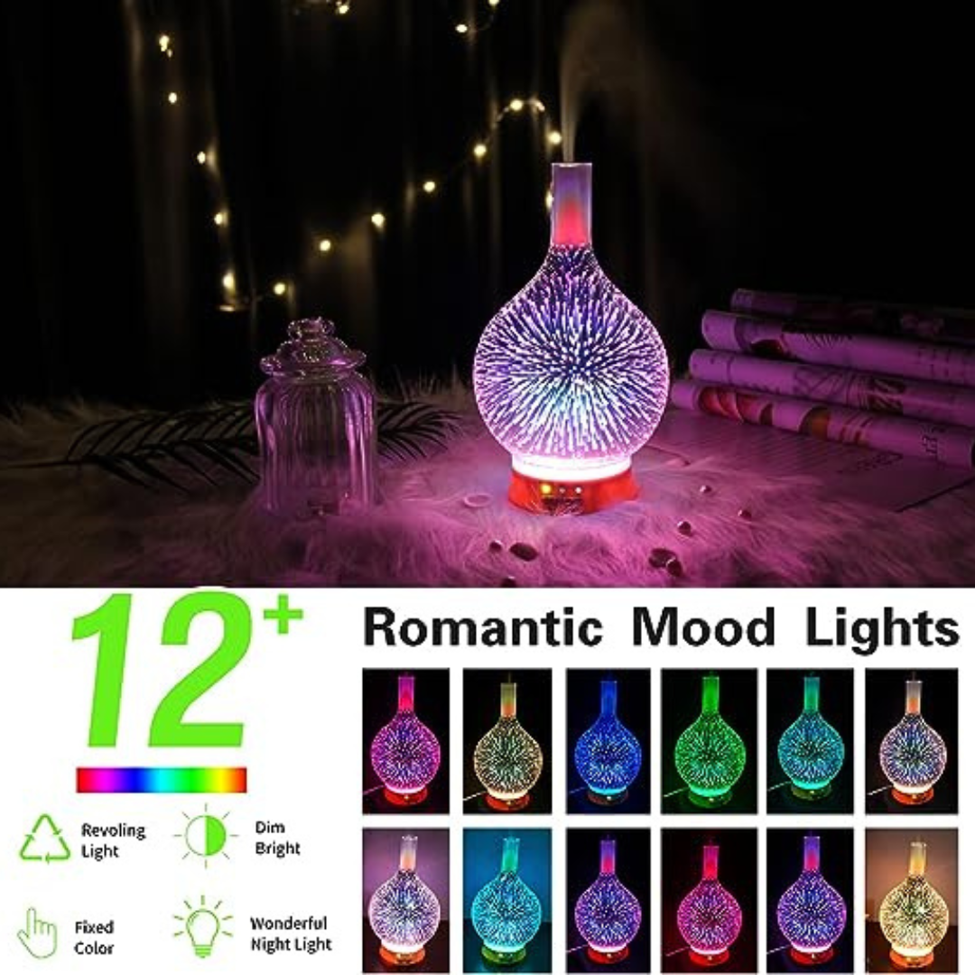 3D Glass Cool Mist Ultrasonic Aroma Diffuser BPA Free, Night Mood Led Light, Safe Auto Shut-Off and Timer.