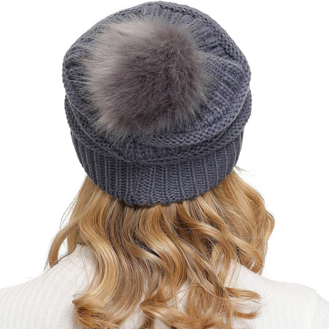 Women Knit Slouchy Beanie Hat Chunky Baggy Hat with Detachable Faux Fur Pompom