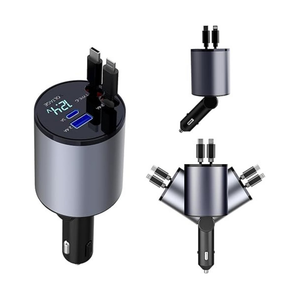 4 in 1 Fast Car Phone Charger 60W Retractable Cables and 2 USB Ports