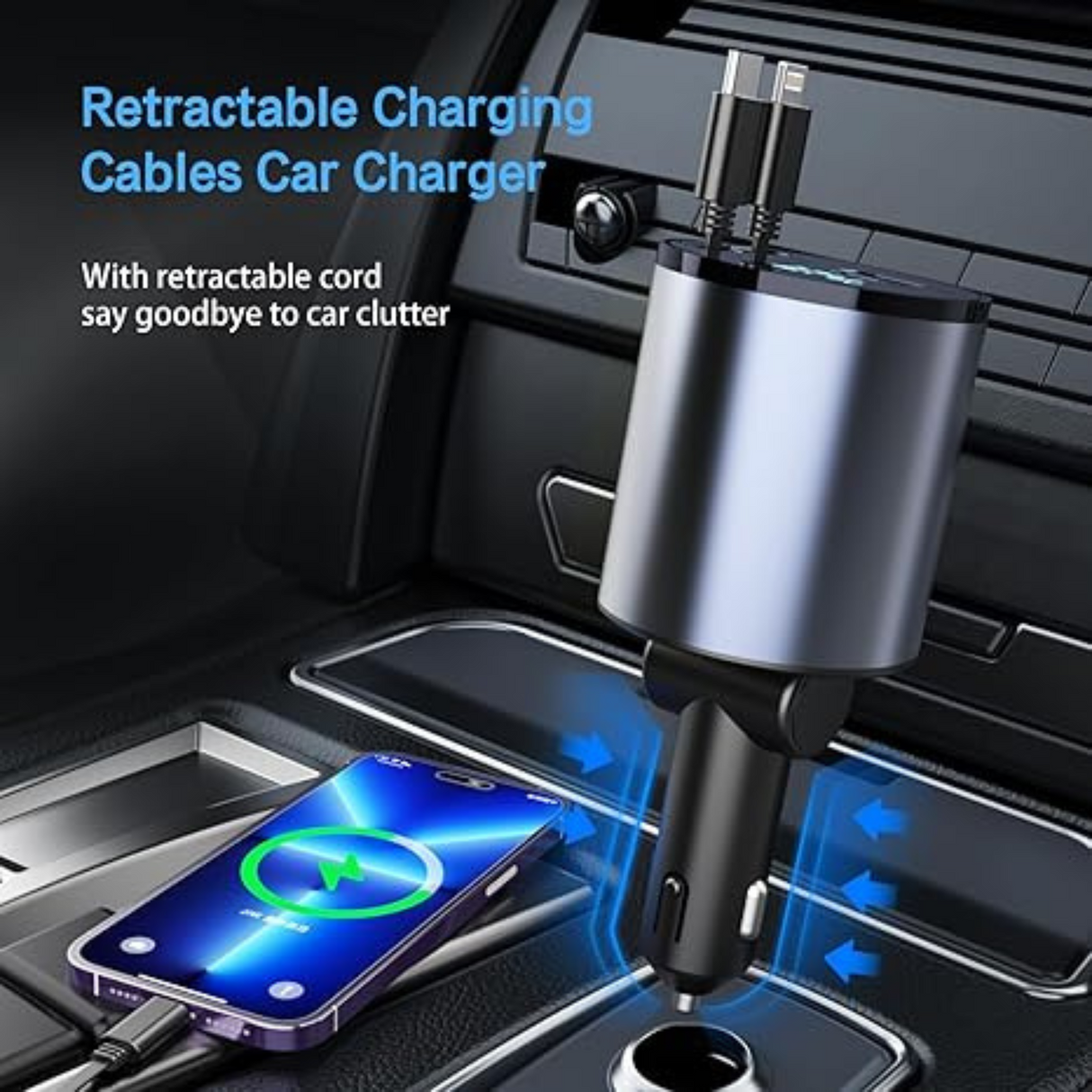 4 in 1 Fast Car Phone Charger 60W Retractable Cables and 2 USB Ports