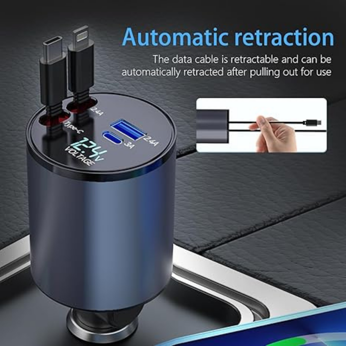 4 in 1 Fast Car Phone Charger 60W Retractable Cables and 2 USB Ports