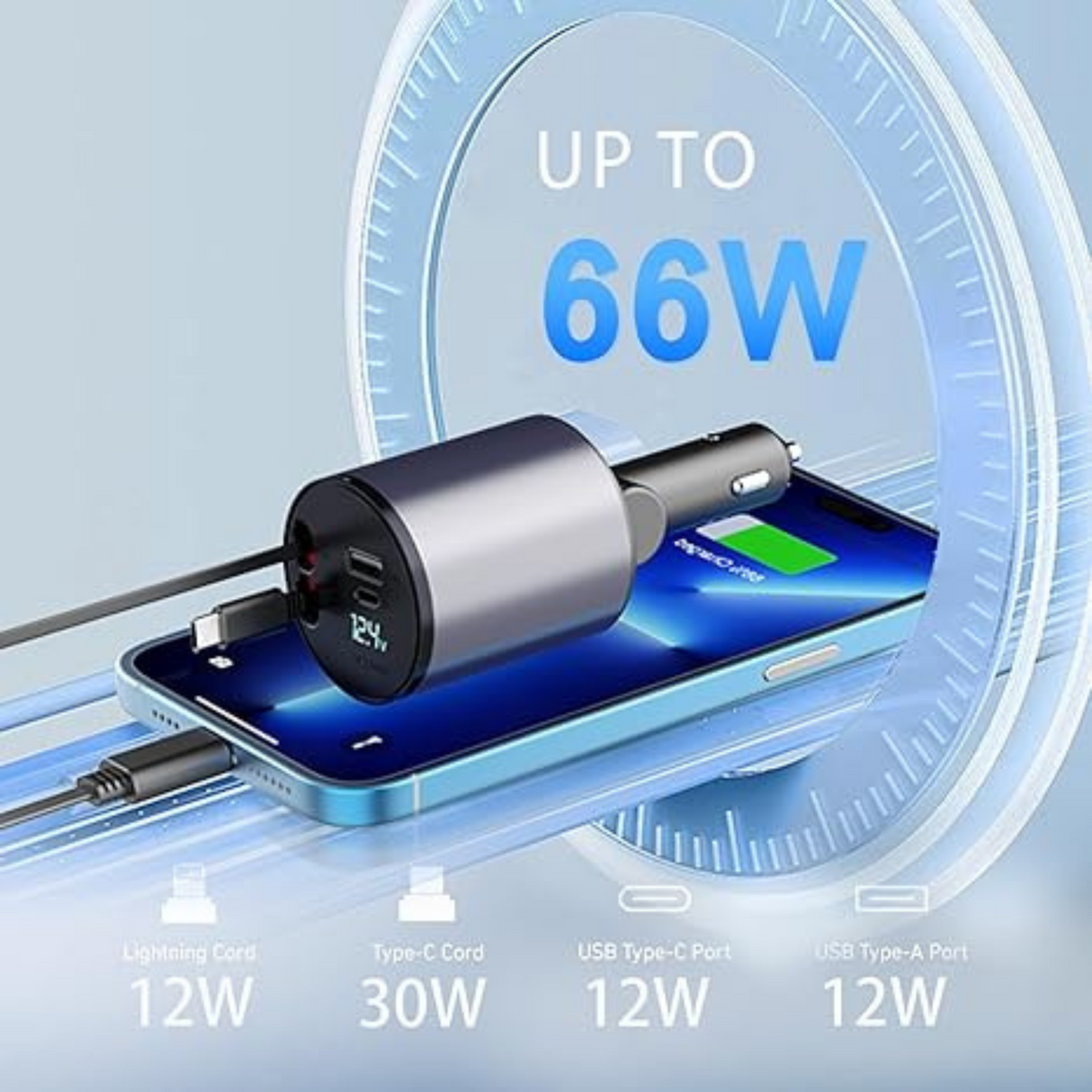 4 in 1 Fast Car Phone Charger 60W Retractable Cables and 2 USB Ports