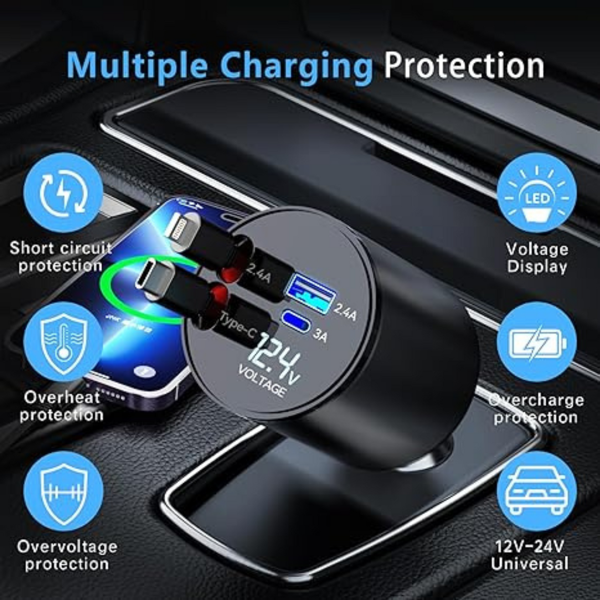 4 in 1 Fast Car Phone Charger 60W Retractable Cables and 2 USB Ports