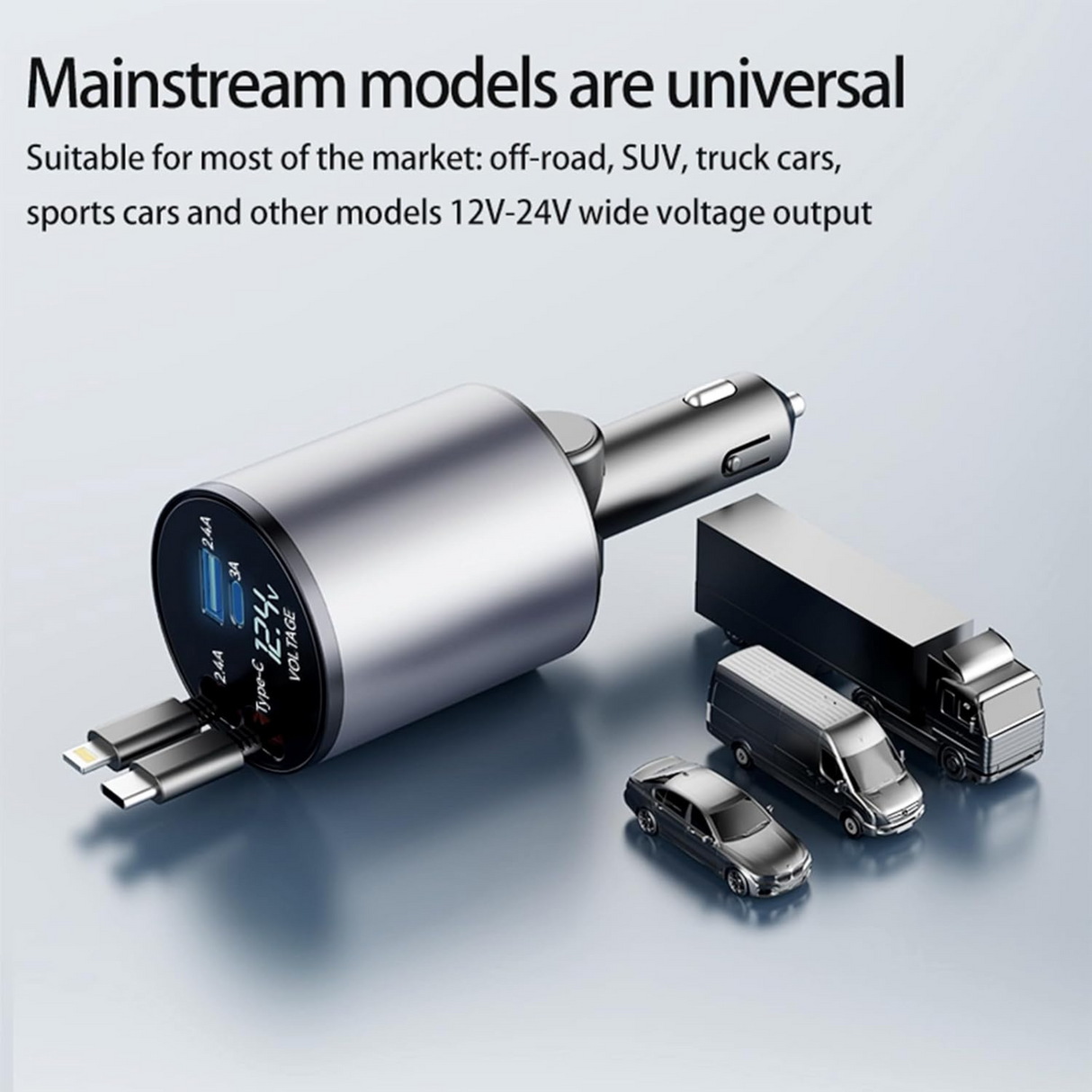 4 in 1 Fast Car Phone Charger 60W Retractable Cables and 2 USB Ports