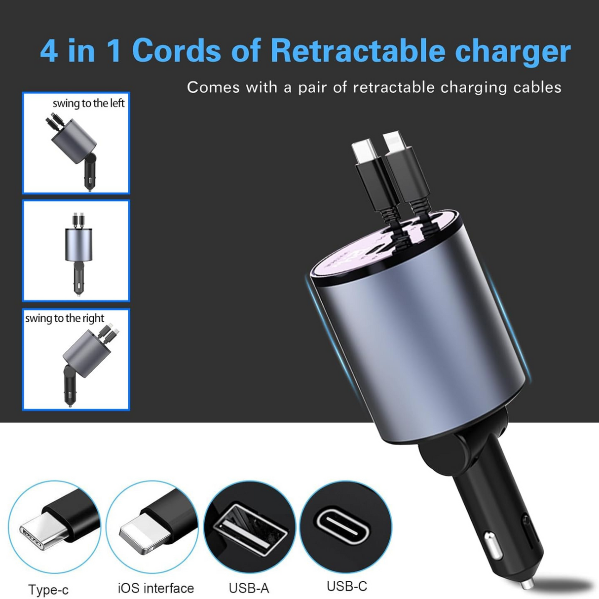 4 in 1 Fast Car Phone Charger 60W Retractable Cables and 2 USB Ports