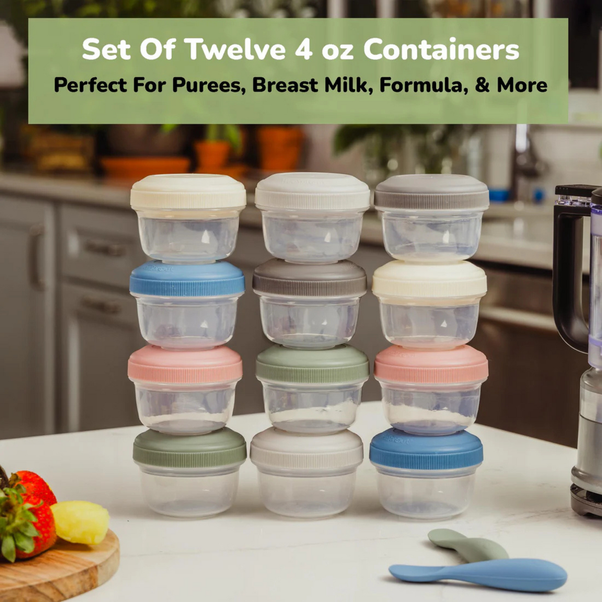 Stack of twelve small food containers on a kitchen counter, ideal for baby food, purees, and milk storage.