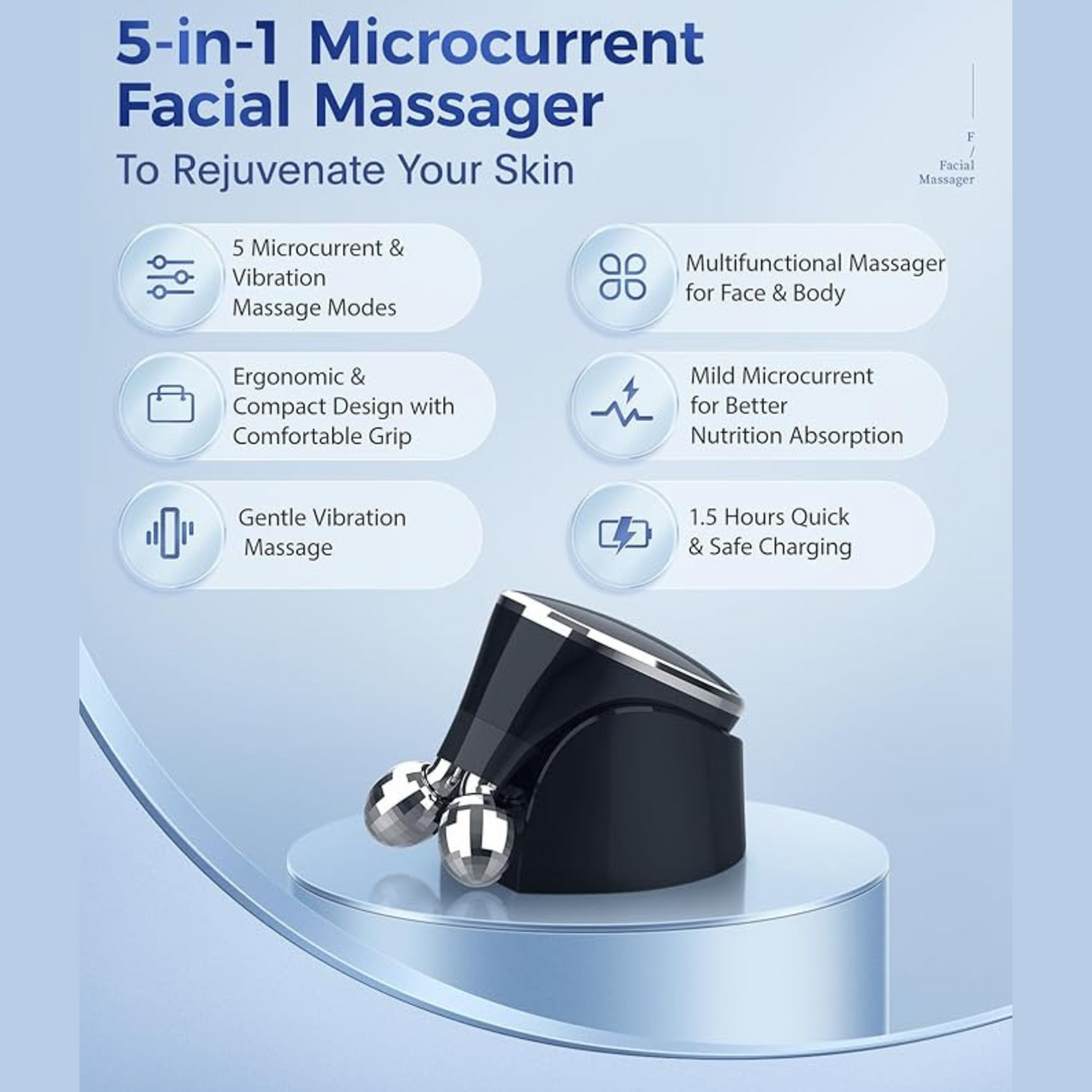 Overview of 5-in-1 facial massager features including microcurrent modes, vibration, and ergonomic design.
