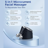 Overview of 5-in-1 facial massager features including microcurrent modes, vibration, and ergonomic design.
