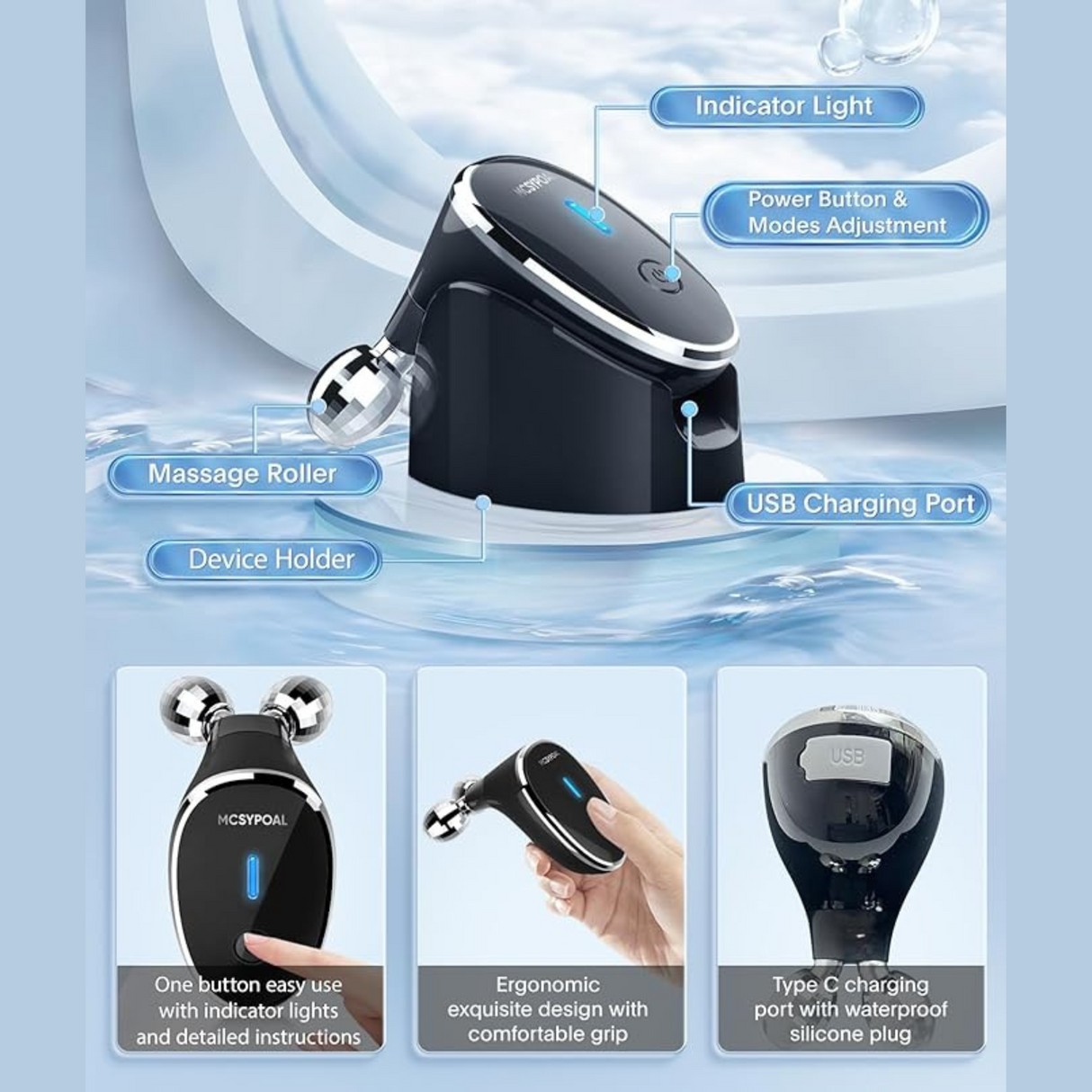 Detailed view of facial massager highlighting roller heads, indicator light, and USB charging port.