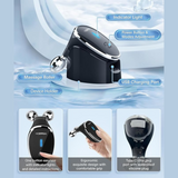 Detailed view of facial massager highlighting roller heads, indicator light, and USB charging port.