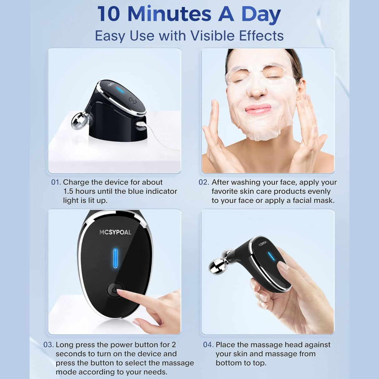 Step-by-step guide showing how to use facial massager for daily skincare routine and visible results.
