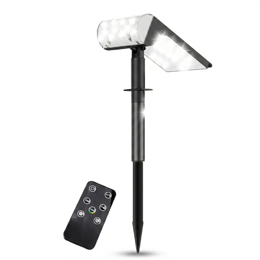 A modern black solar landscape light is shown with dual LED panels glowing brightly against a clean white background. Beside the stake-mounted light is a compact black remote control used to adjust the brightness and lighting modes.