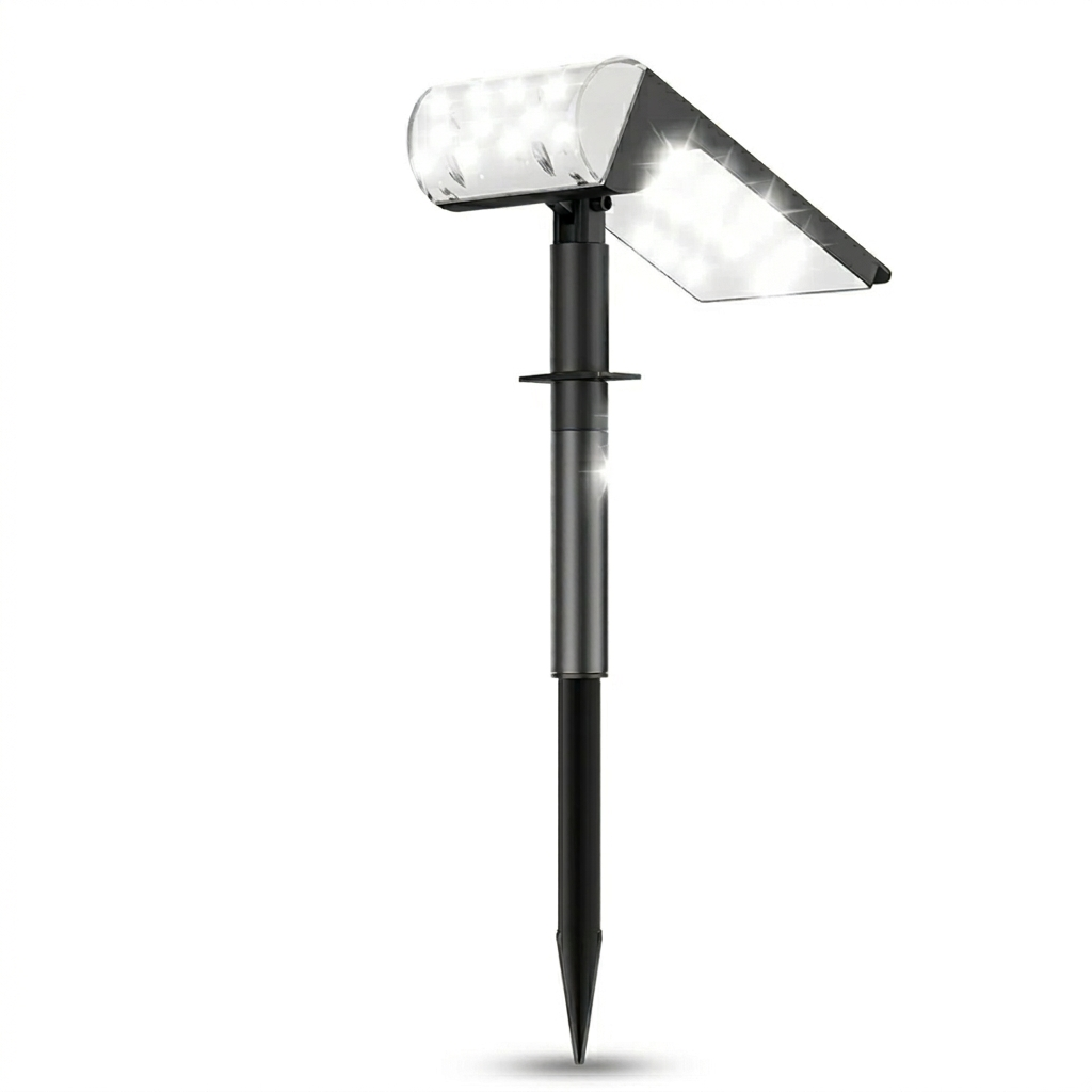 This image shows a modern solar landscape light with dual LED panels and an adjustable black stem. The product is displayed against a white background, highlighting its sleek design and pointed stake for easy ground installation.