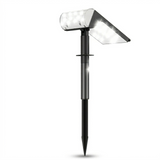 This image shows a modern solar landscape light with dual LED panels and an adjustable black stem. The product is displayed against a white background, highlighting its sleek design and pointed stake for easy ground installation.