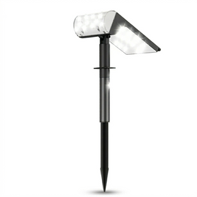 This image shows a modern solar landscape light with dual LED panels and an adjustable black stem. The product is displayed against a white background, highlighting its sleek design and pointed stake for easy ground installation.