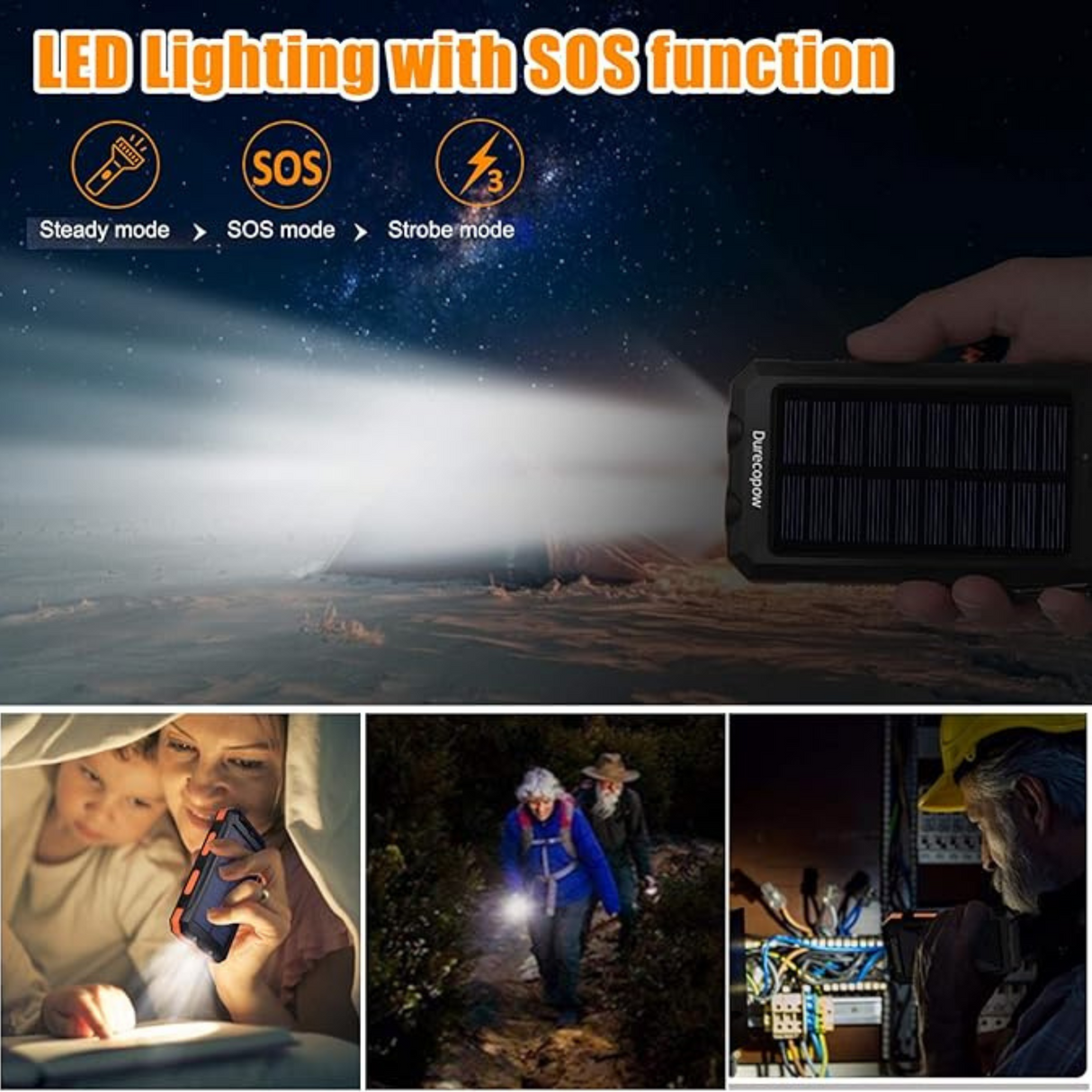 20000mAh Fast Charging Solar Power Bank with Flashlight and Compass